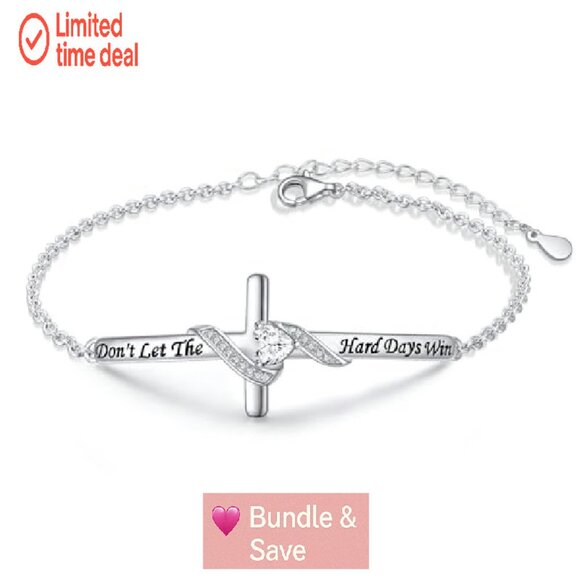 Sterling Silver Faith Over Fear Heart Infinity Cross Cuff Bracelet - Picture 2 of 8